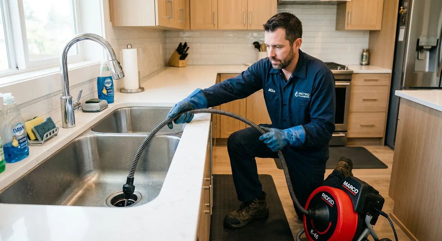 Drain cleaning technician using a motorized snake on a kitchen sink in Denver