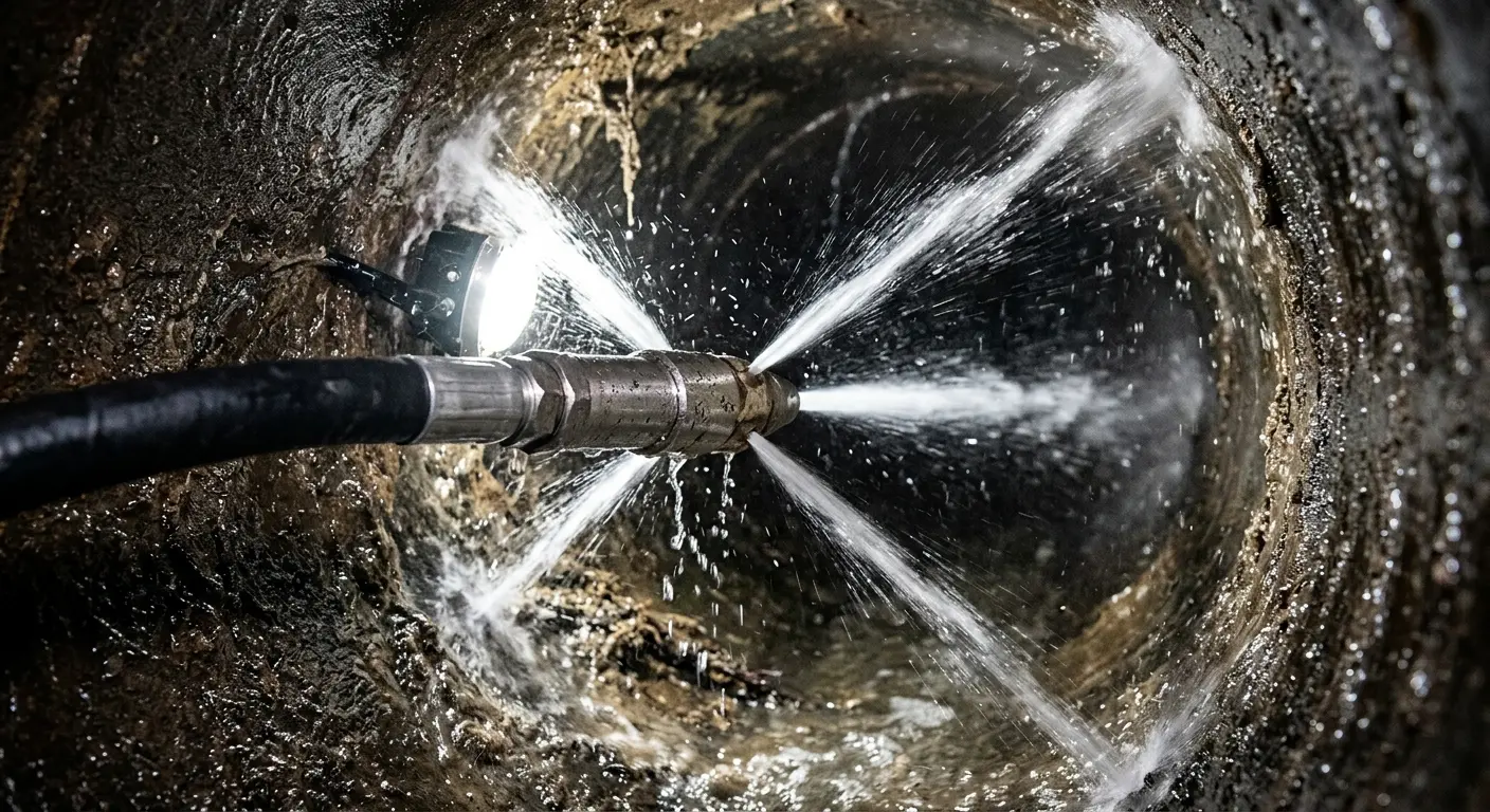 High-pressure hydro jetting nozzle cleaning sewer pipe for Emergency Drain Service in Denver