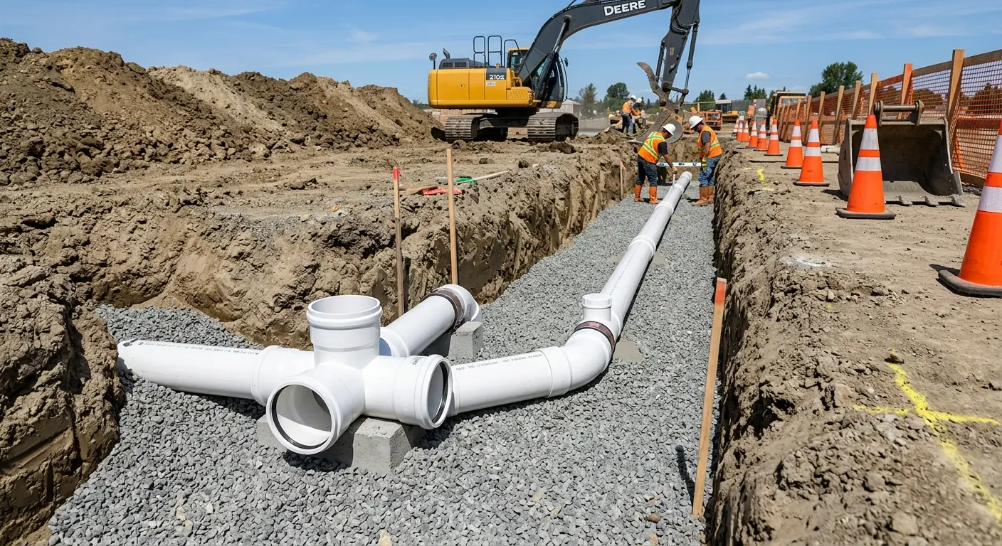 New PVC sewer pipe installation in open trench for Commercial Drain Cleaning in Denver