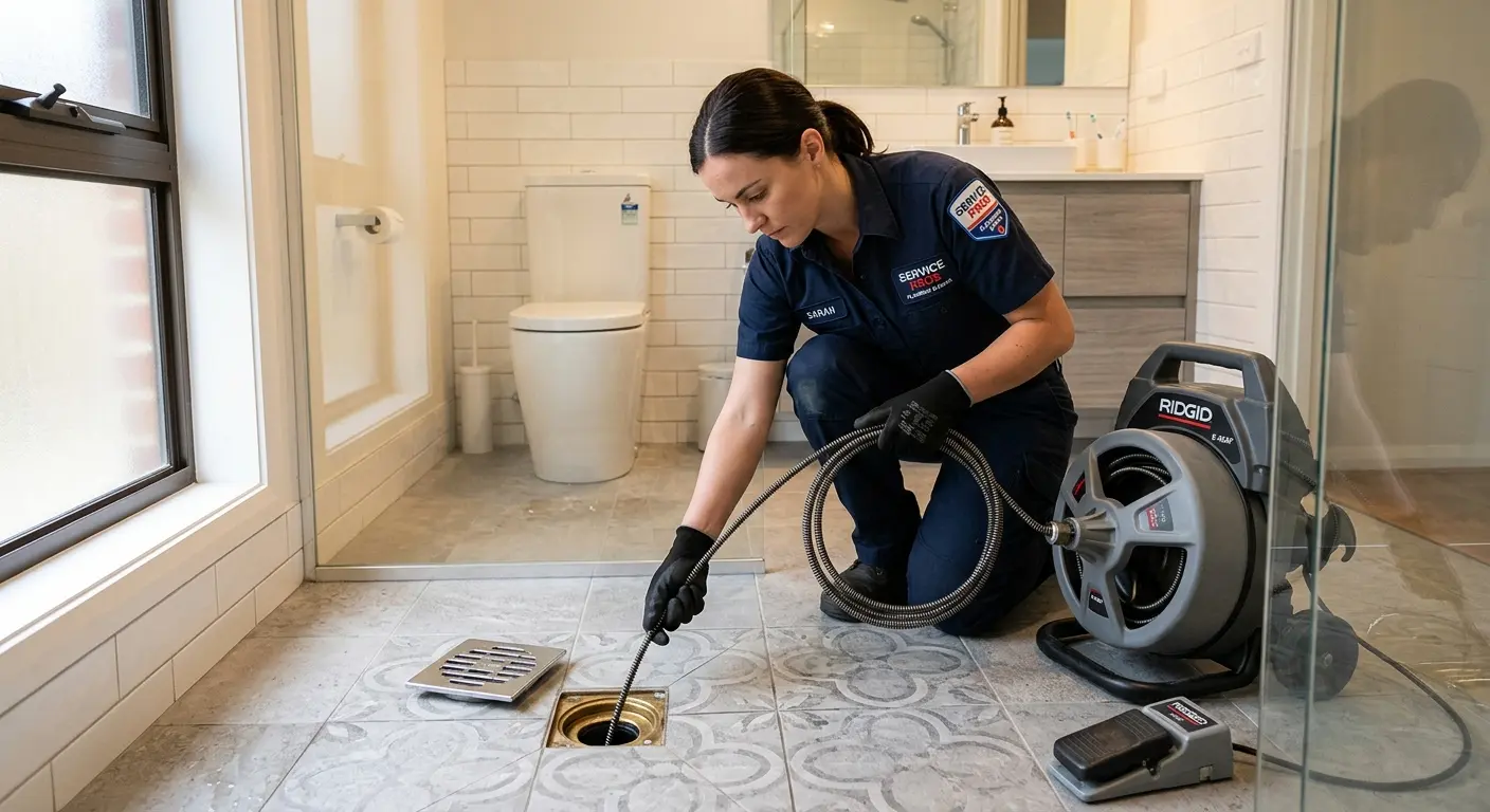 Technician clearing a bathroom floor drain for Clogged Drain Repair in Denver